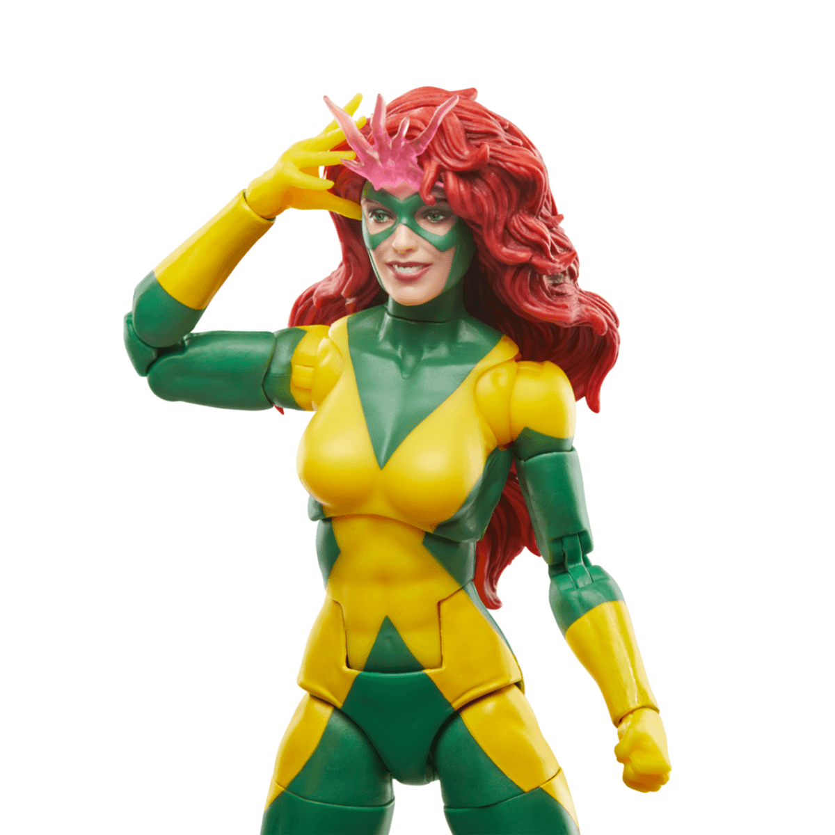 Figura de acción de una mujer pelirroja con traje amarillo y verde.