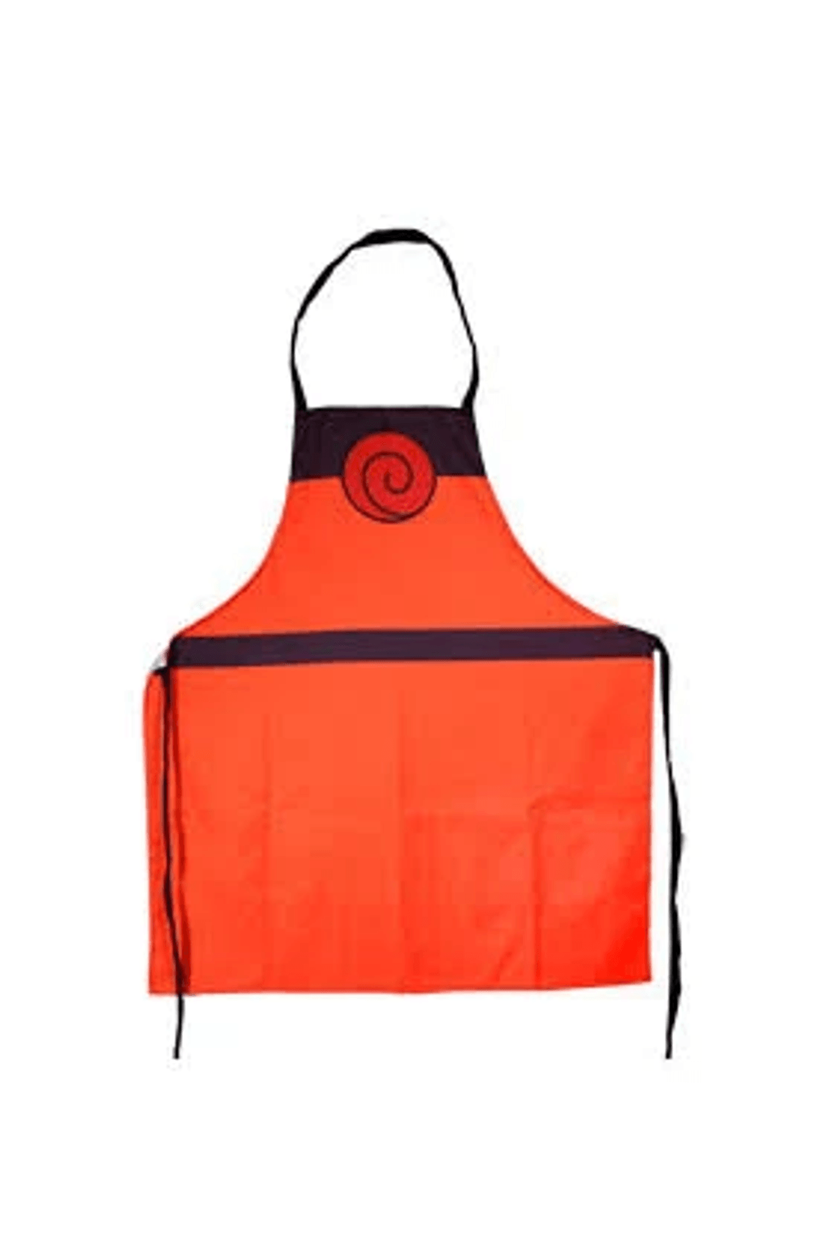 Un delantal naranja con una banda negra y un símbolo de espiral rojo.