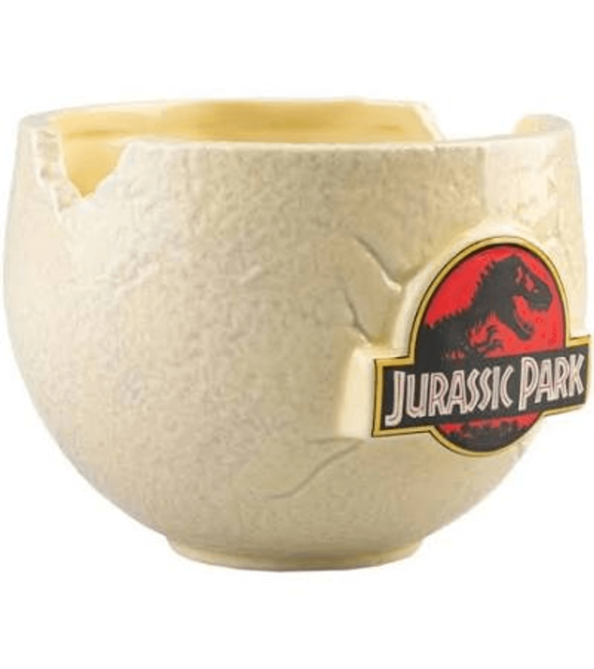 Una taza agrietada con forma de huevo beige con el logo de Jurassic Park.