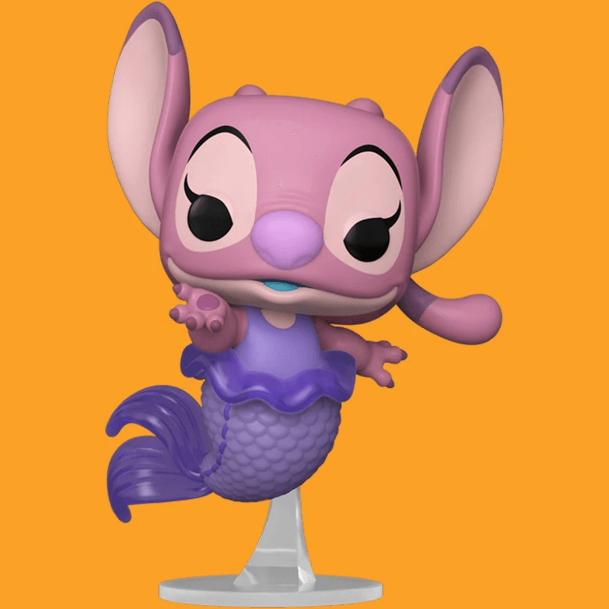 Eine lila Meerjungfrauen-Funko-Pop-Figur mit großen Ohren und einem Schwanz, auf einem klaren Ständer.