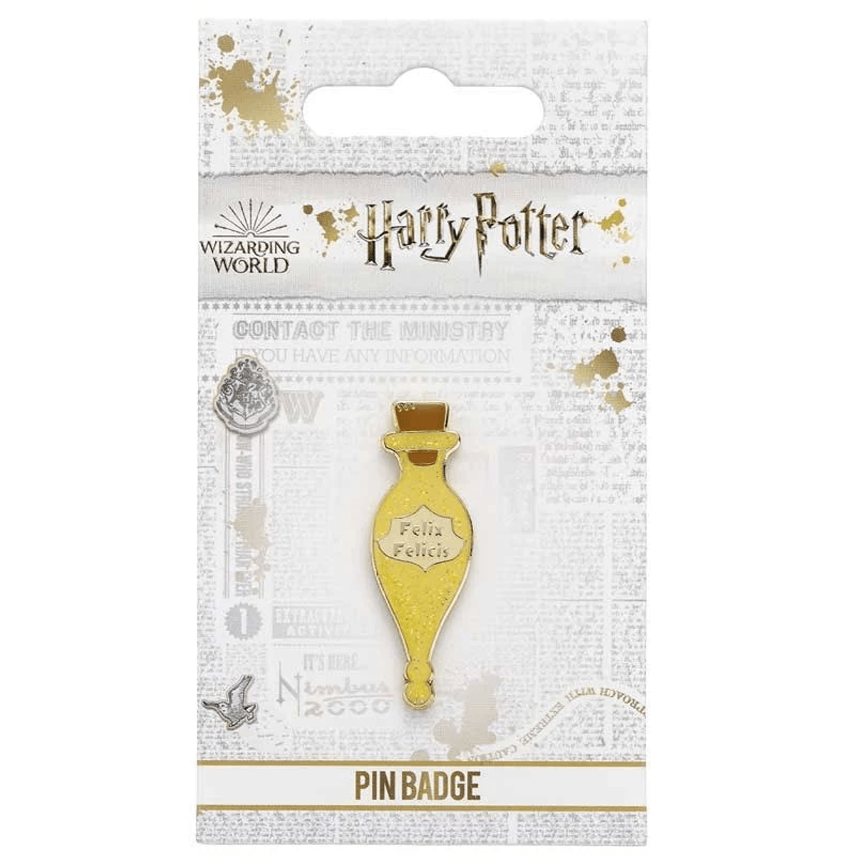 Pin de Felix Felicis de Harry Potter en envase con diseño de periódico.