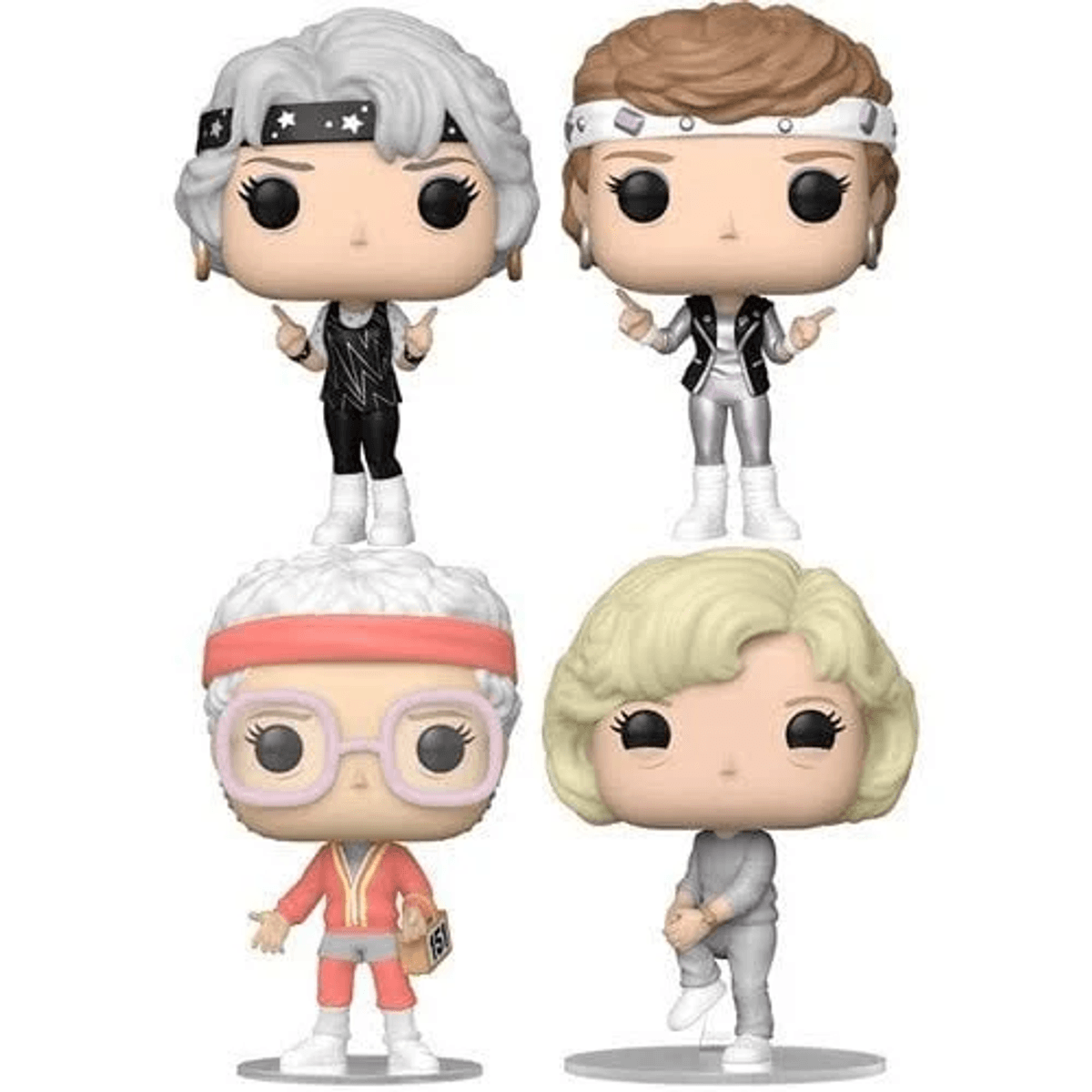 Cuatro figuras Funko Pop! estilo años 80, dos arriba, dos abajo.