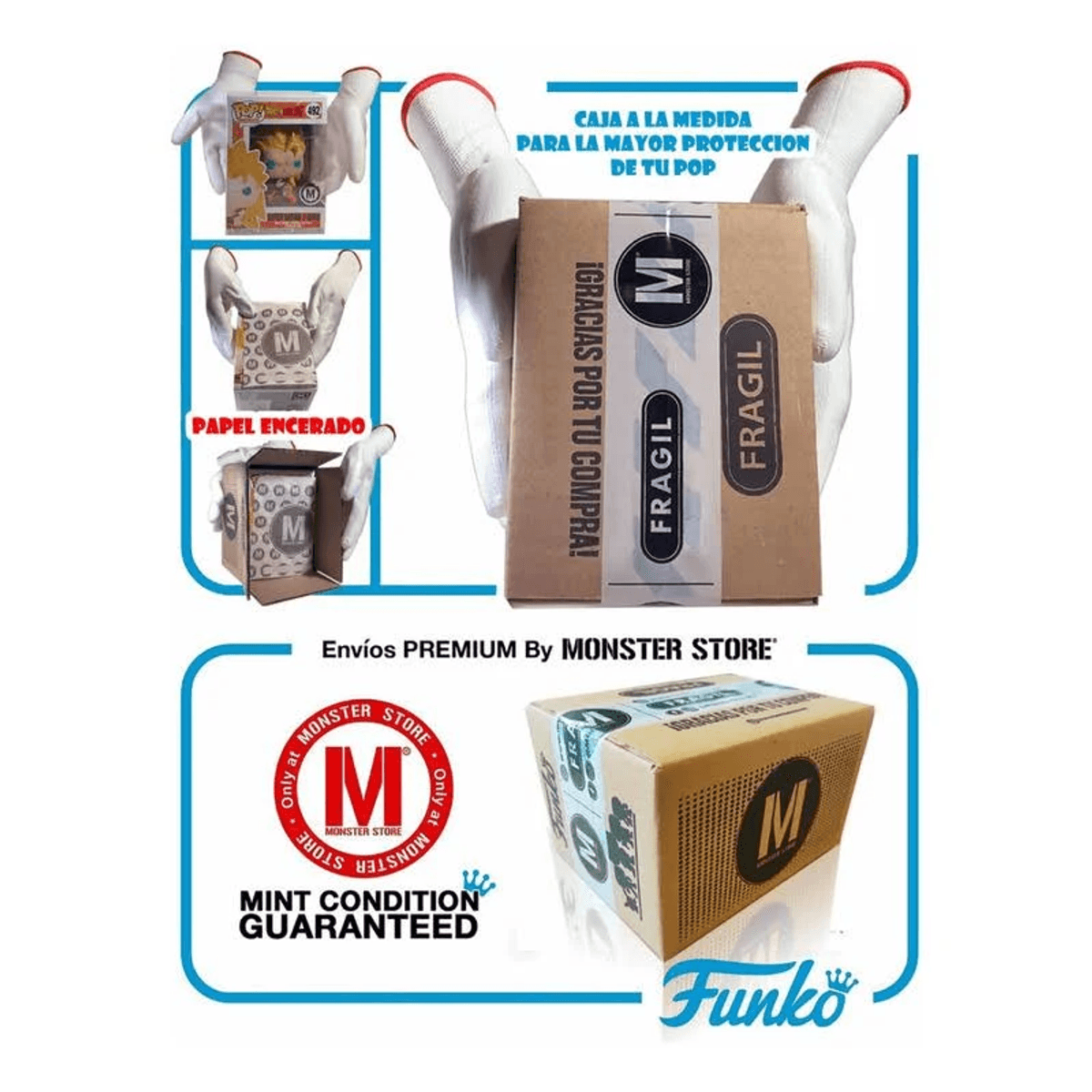 Hände in weißen Handschuhen verpacken einen Funko Pop in eine Schachtel.
