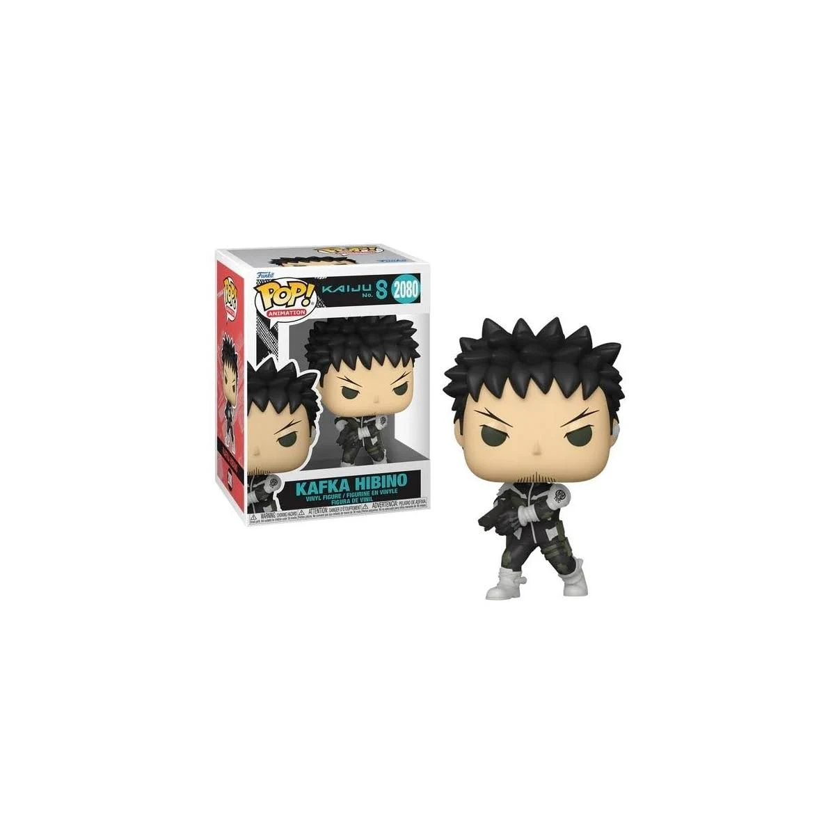 Figura Funko Pop! Kafka Hibino de Kaiju No. 8, en caja y a su lado.