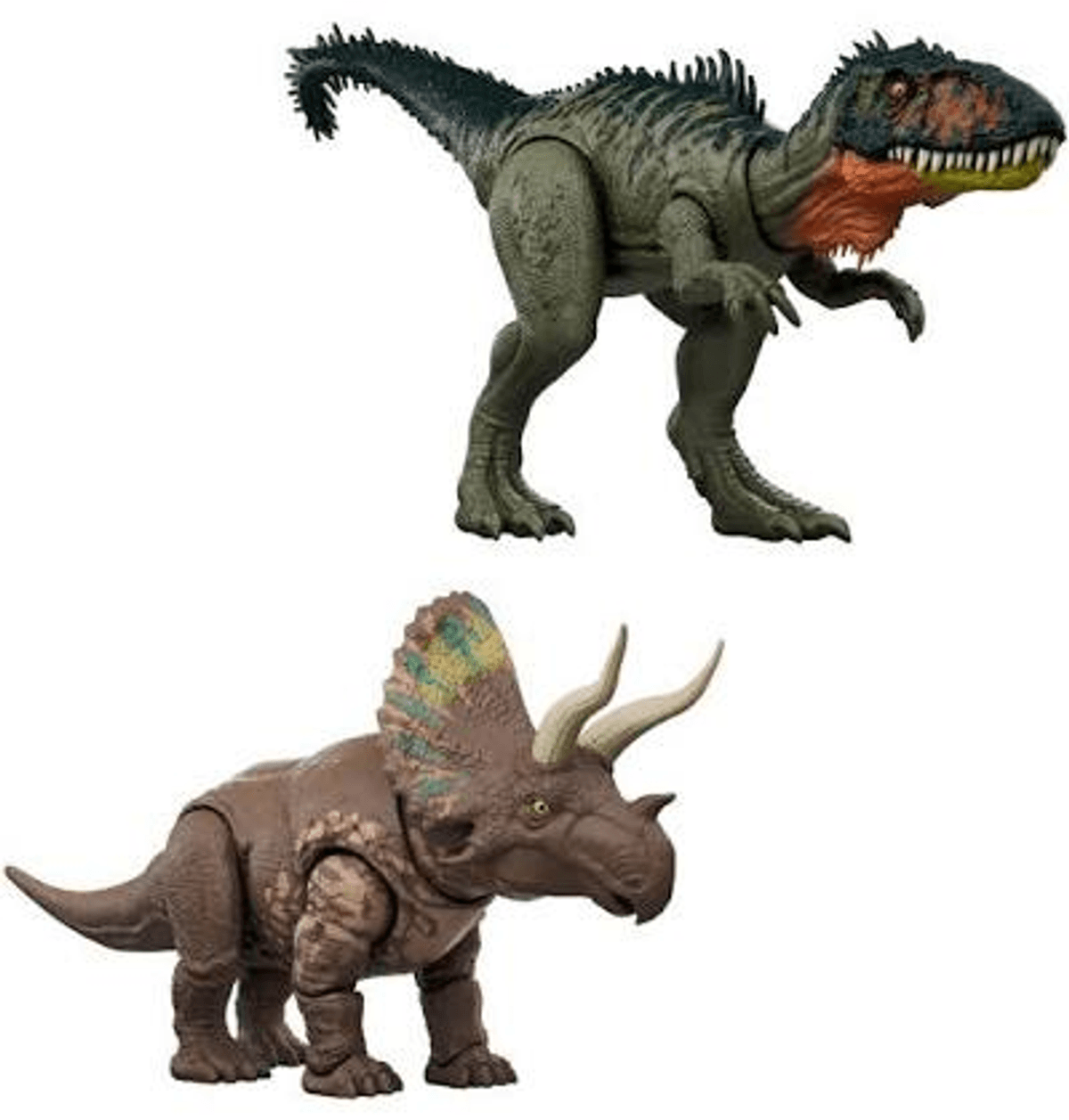 Zwei Dinosaurier Spielzeuge: ein grüner Tyrannosaurus und ein brauner Triceratops.