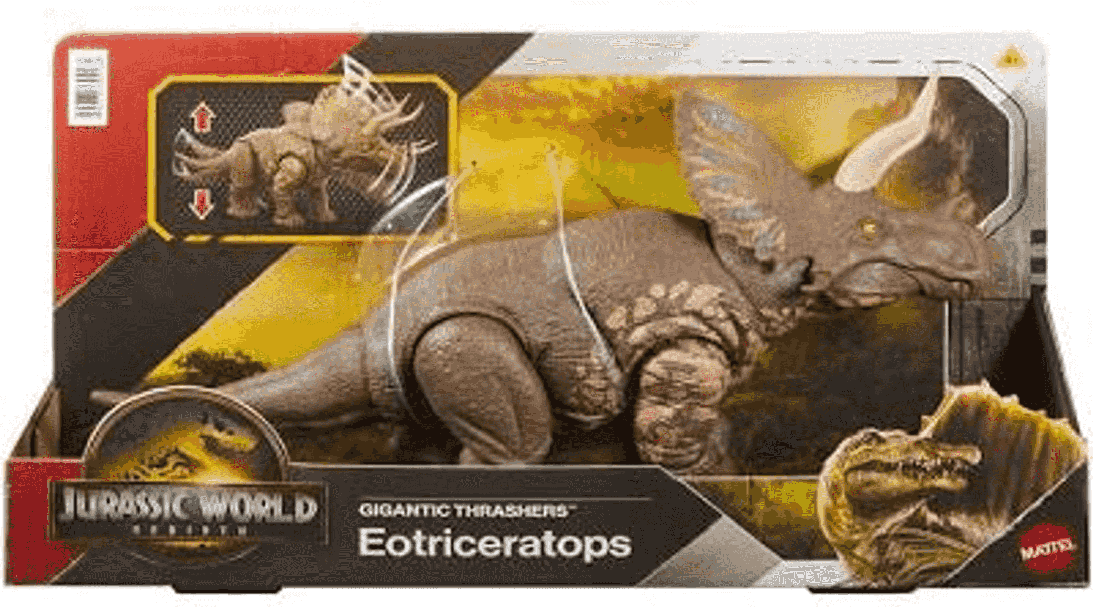 Ein braunes Spielzeug-Eotraceratops-Dinosaurier in einer Jurassic World-Verpackung.