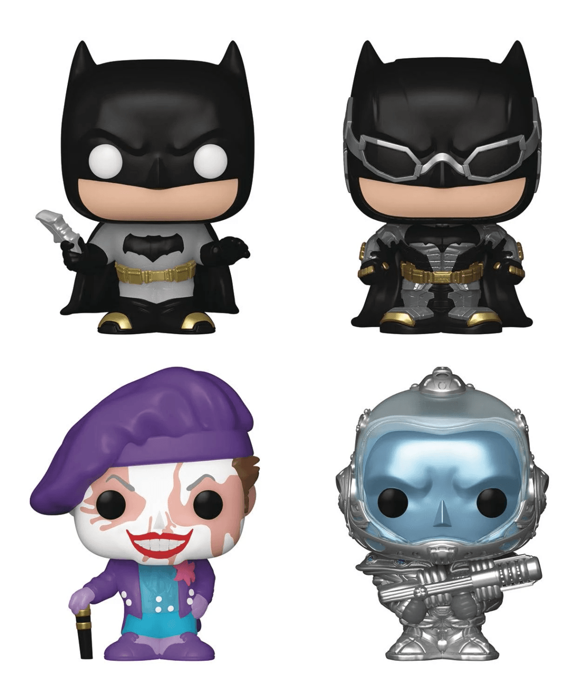 Quattro Funko Pop!: Batman, un'altra figura di Batman, Joker e Mr. Freeze.