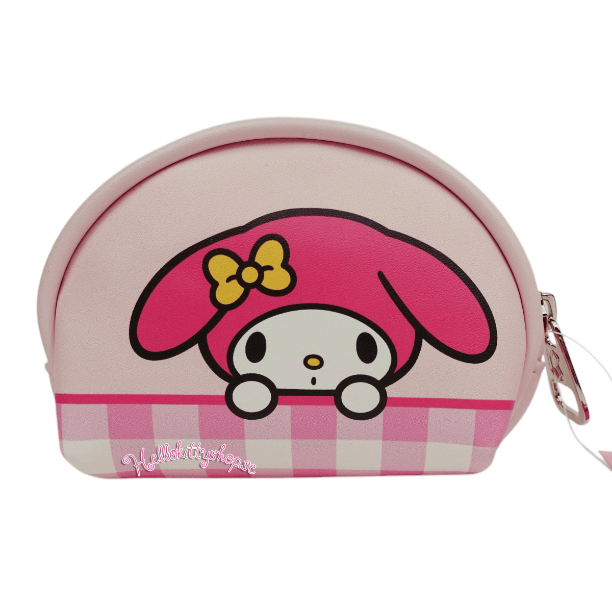 Una bolsa de cosméticos rosa con My Melody y estampado de cuadros.