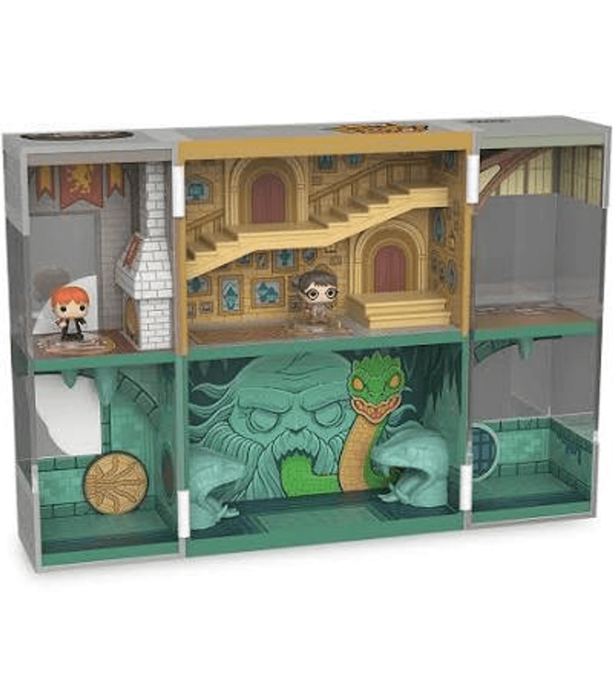 Juguete de Harry Potter: casa con figuras y escalera. Monstruo y serpiente abajo.