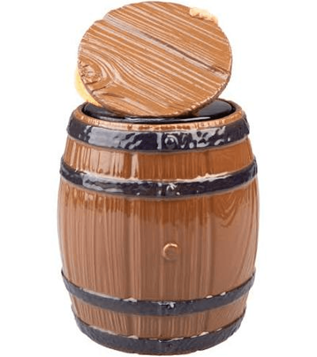 Un pot à biscuits en forme de baril en bois marron avec des bandes noires et un couvercle en bois.