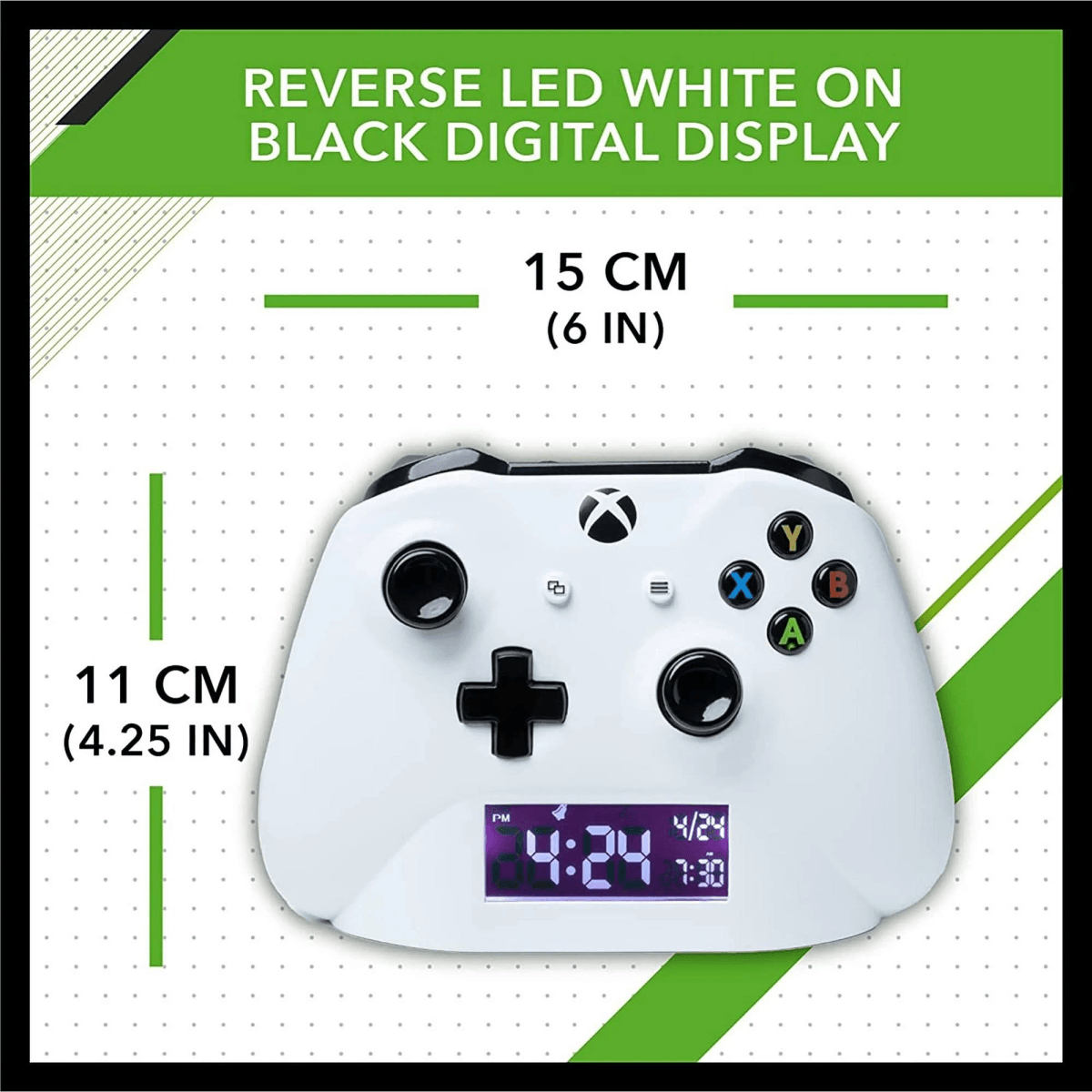 Ein weißer Xbox-Controller-Wecker mit digitaler Anzeige, 15x11 cm.