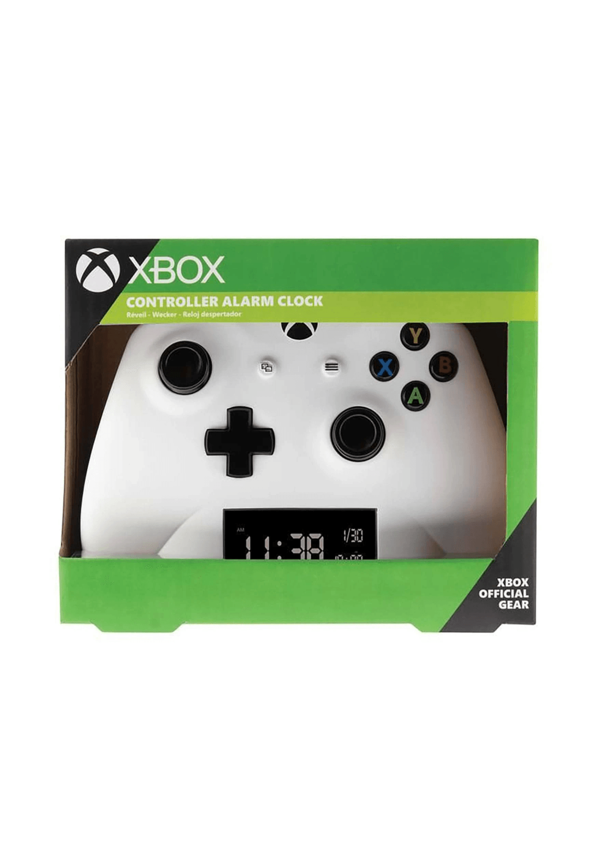 Weiße Xbox Controller-Weckeruhr mit schwarzem Display, das 11:30 anzeigt.