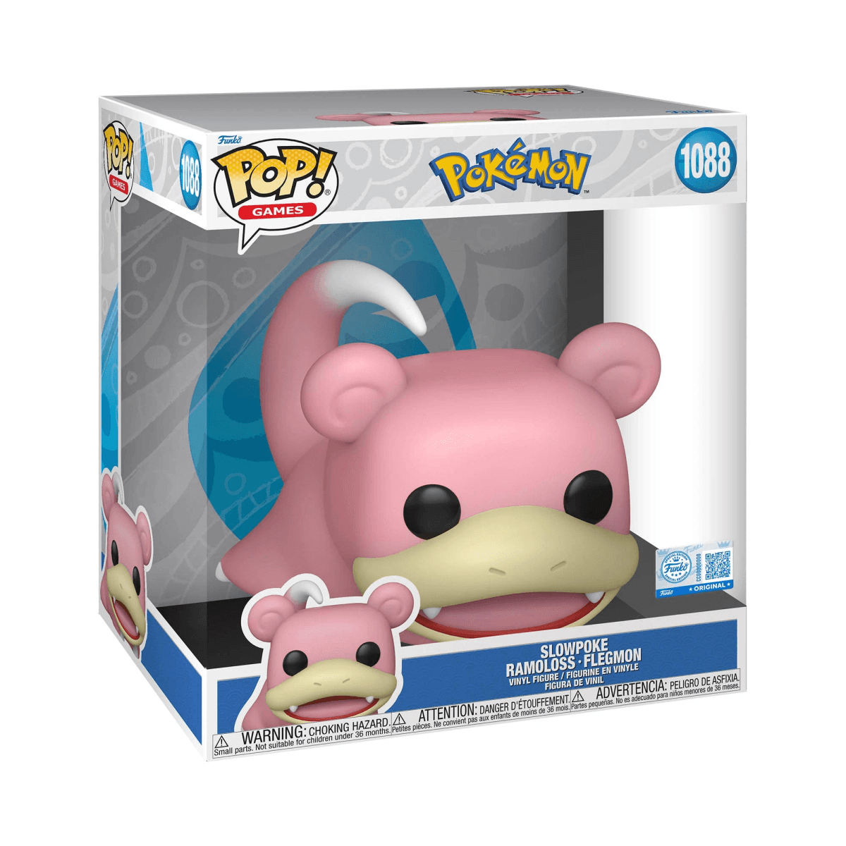 Una figura Funko Pop! rosa de Slowpoke en su empaque de Pokémon.