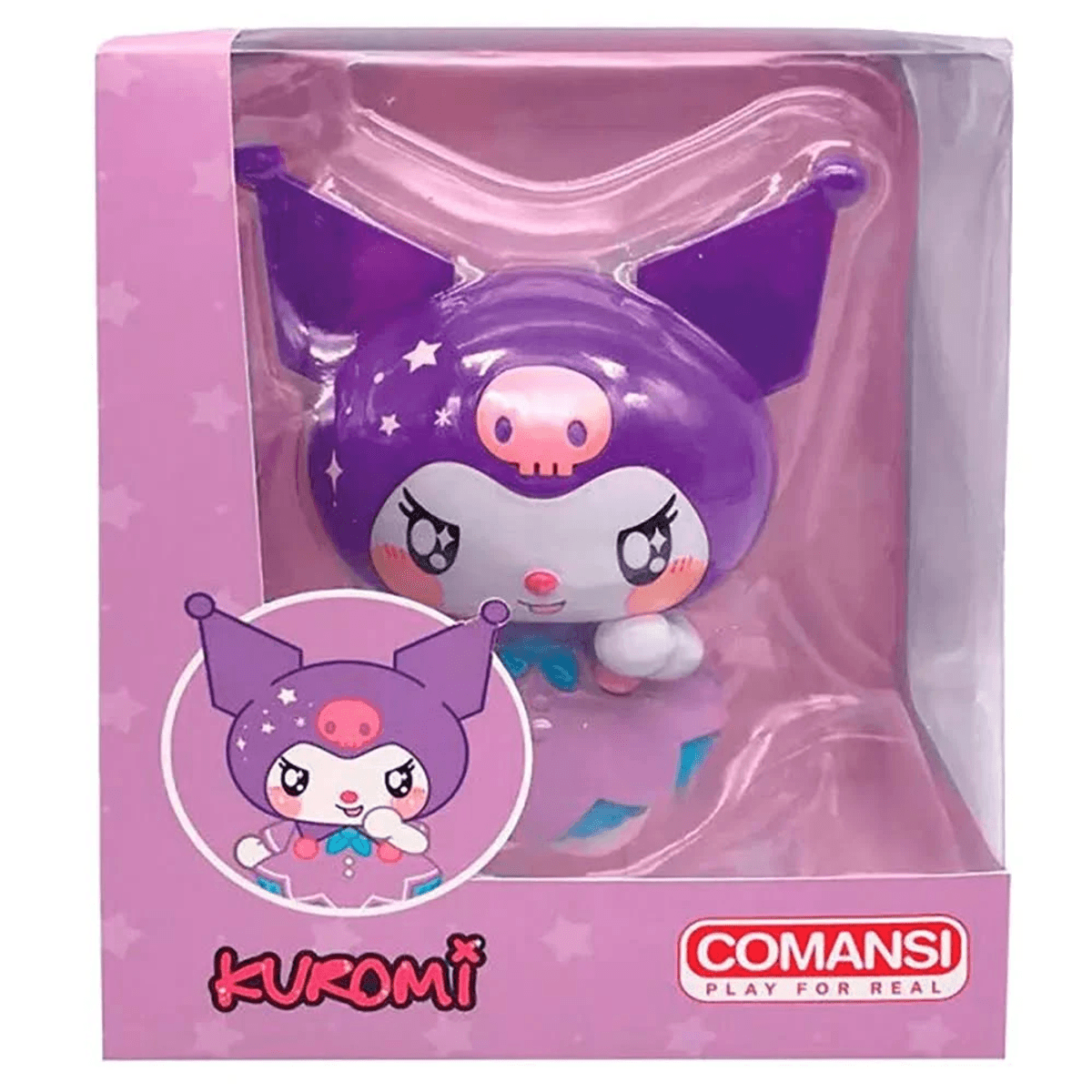 Lila Kuromi-Spielzeug in Verpackung mit Totenkopf und rosa Sternen.
