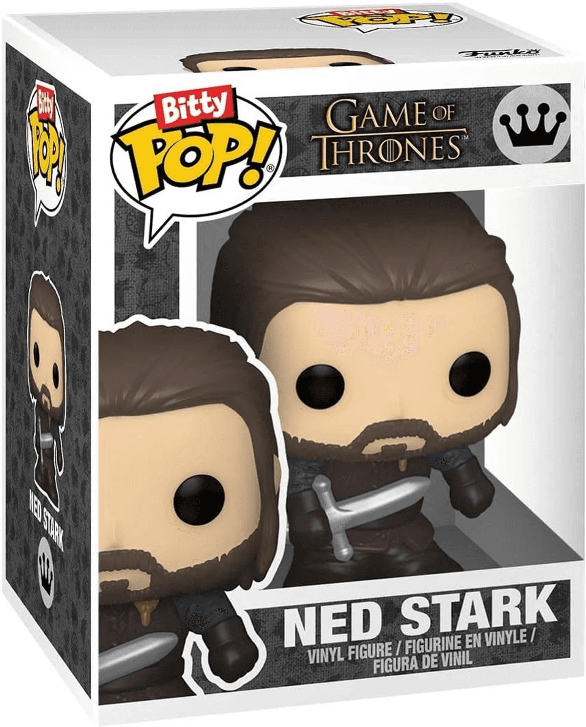 Action figure Funko Pop! di Ned Stark dal Trono di Spade nella sua scatola.