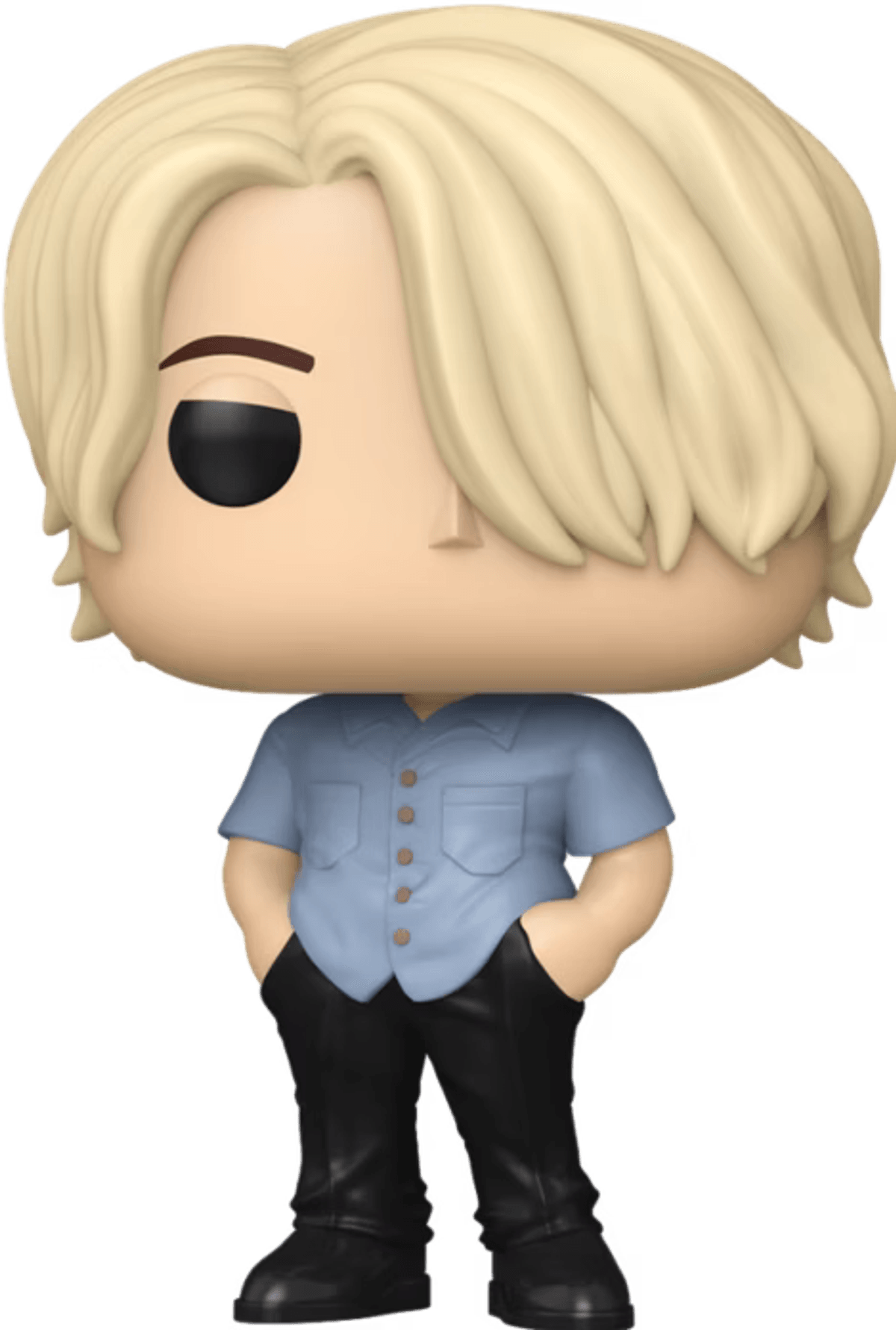 Una figura Funko Pop con pelo rubio, camisa azul y pantalones negros.