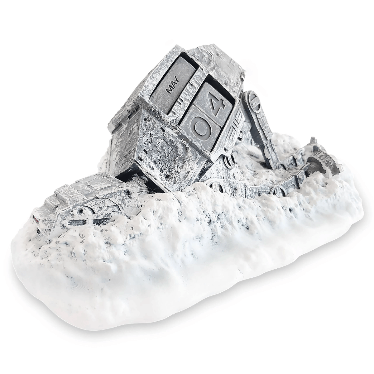Un caminante AT-AT gris y dañado sobre una base nevada, con el 4 de mayo.