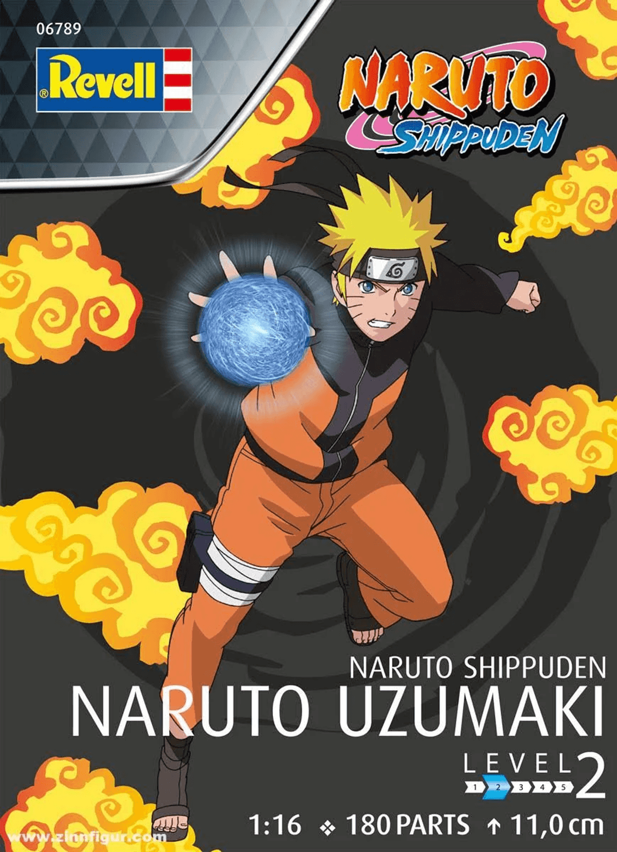 Naruto Uzumaki usando Rasengan, rodeado de nubes amarillas.