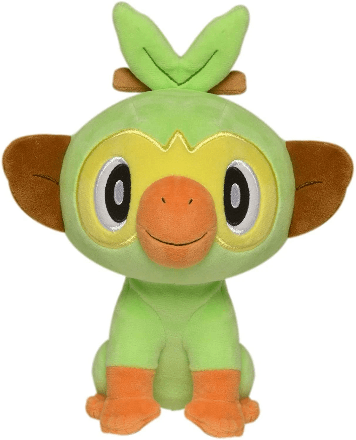 Peluche verde de Pokémon con cara amarilla, orejas marrones y pies naranjas.