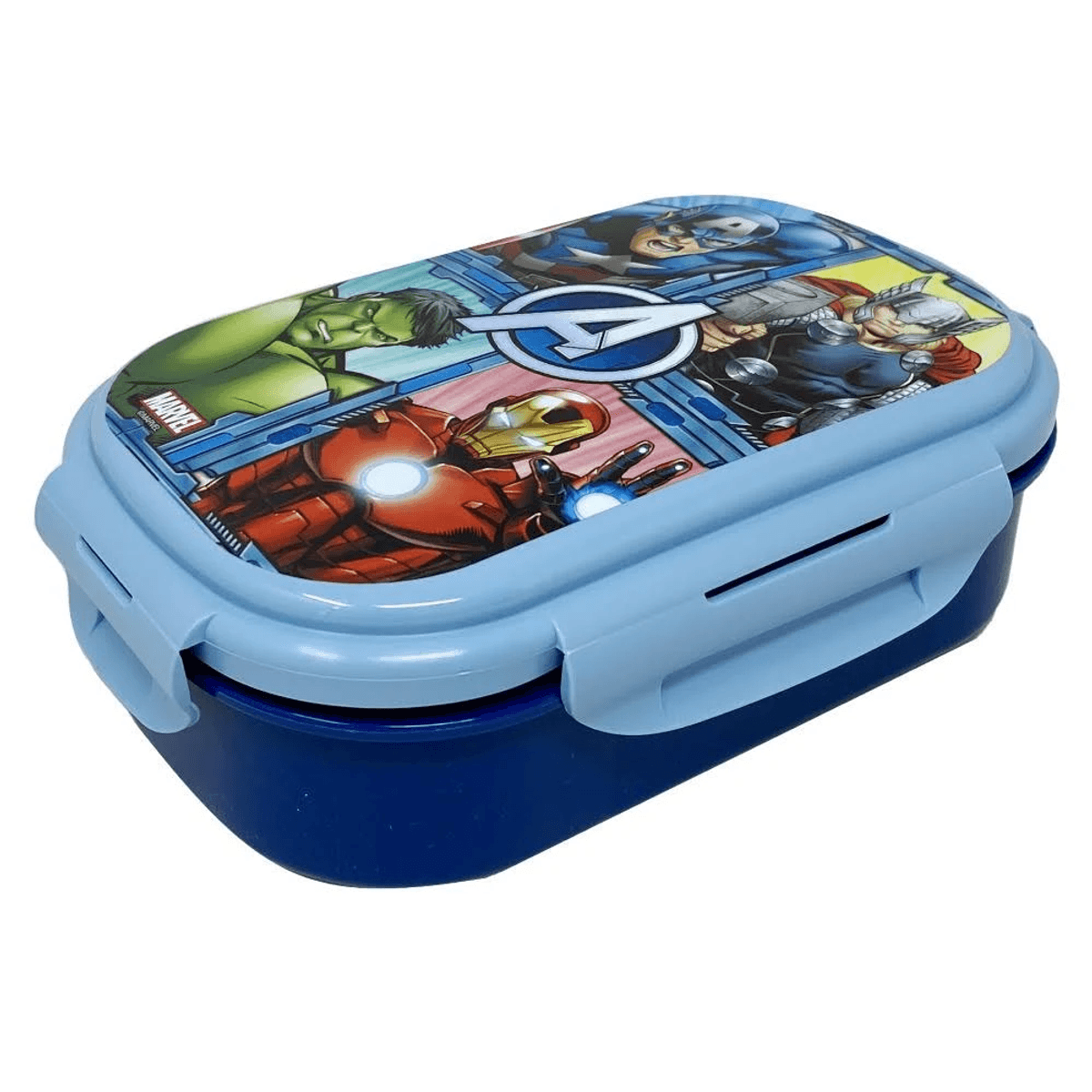 Una lonchera azul con los Vengadores, mostrando a Iron Man, Hulk, Capitán América y Thor.