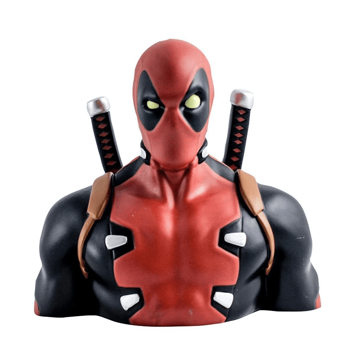 Figura de Deadpool con traje rojo y negro, con dos espadas en la espalda.
