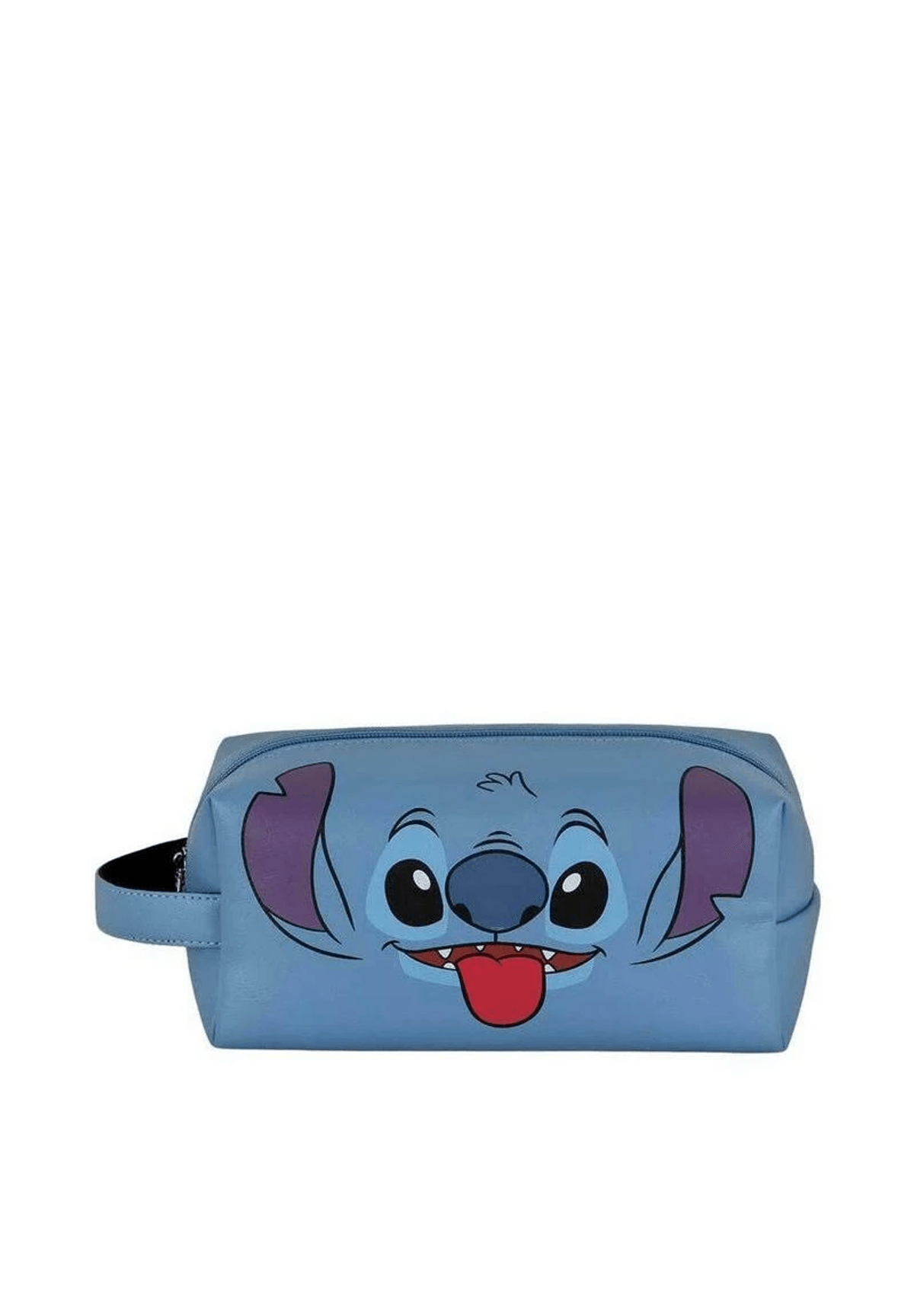 Una bolsa de aseo azul con la cara de Stitch sacando la lengua.
