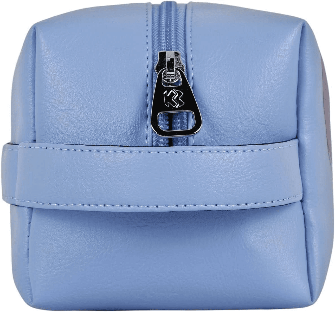 Un neceser azul con cremallera y tirador plateado.