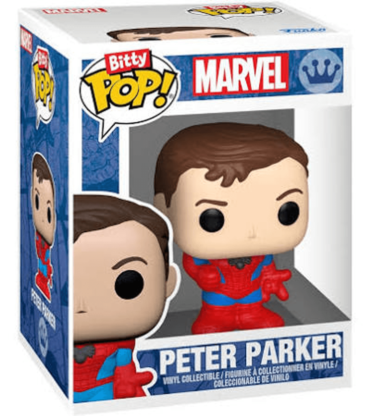 Action figure Funko Pop! in vinile di Peter Parker in tuta rossa con accenti blu.