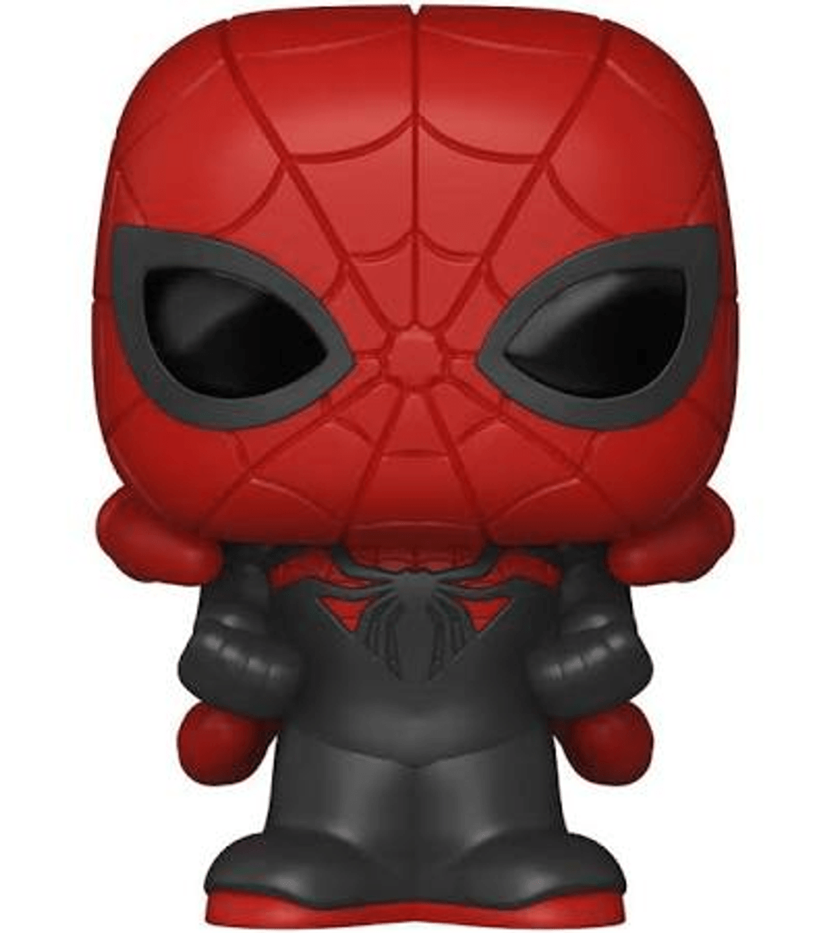 Una figura rossa e nera di Spiderman con motivo a ragnatela sulla testa e un ragno sul petto.