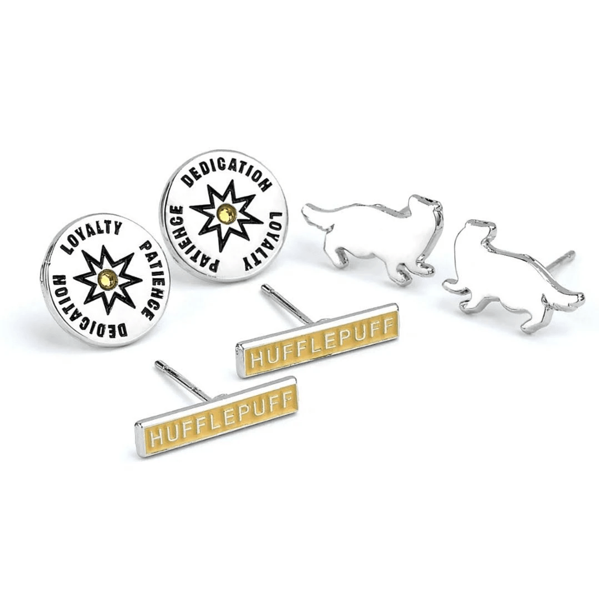 Pendientes Hufflepuff: dos redondos con estrella, dos barras 'Hufflepuff', dos comadrejas.