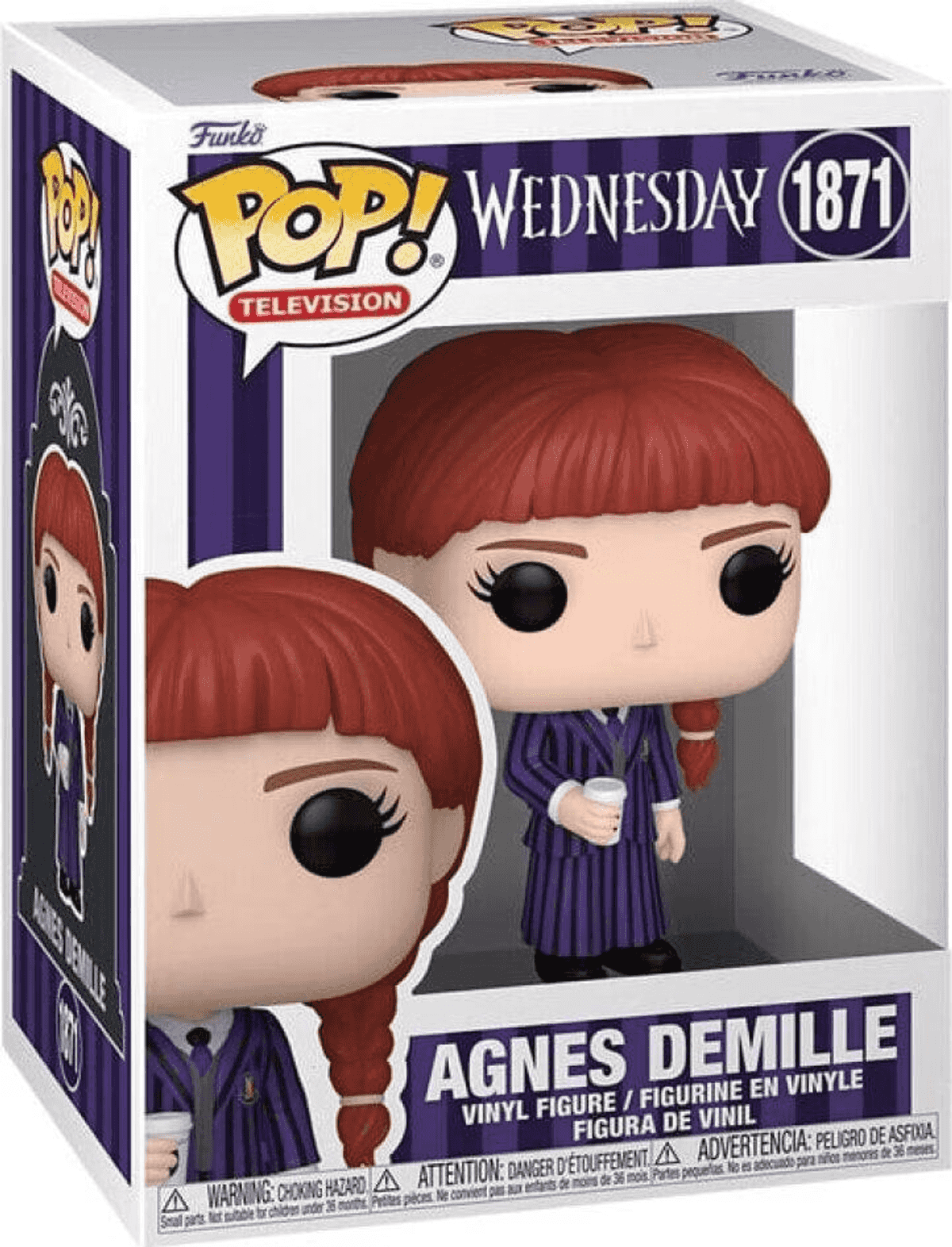 Funko Pop Figur von Agnes Demille aus Wednesday, mit roten Haaren und lila Anzug.