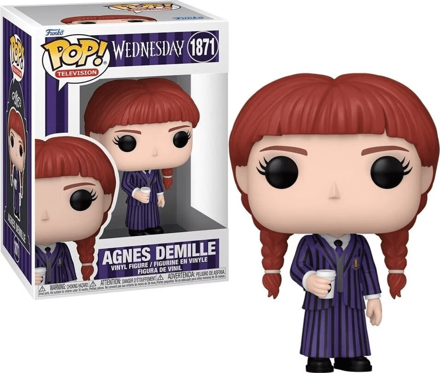 Agnes Demille Funko Pop Figur in lila Nadelstreifenanzug mit Tasse.