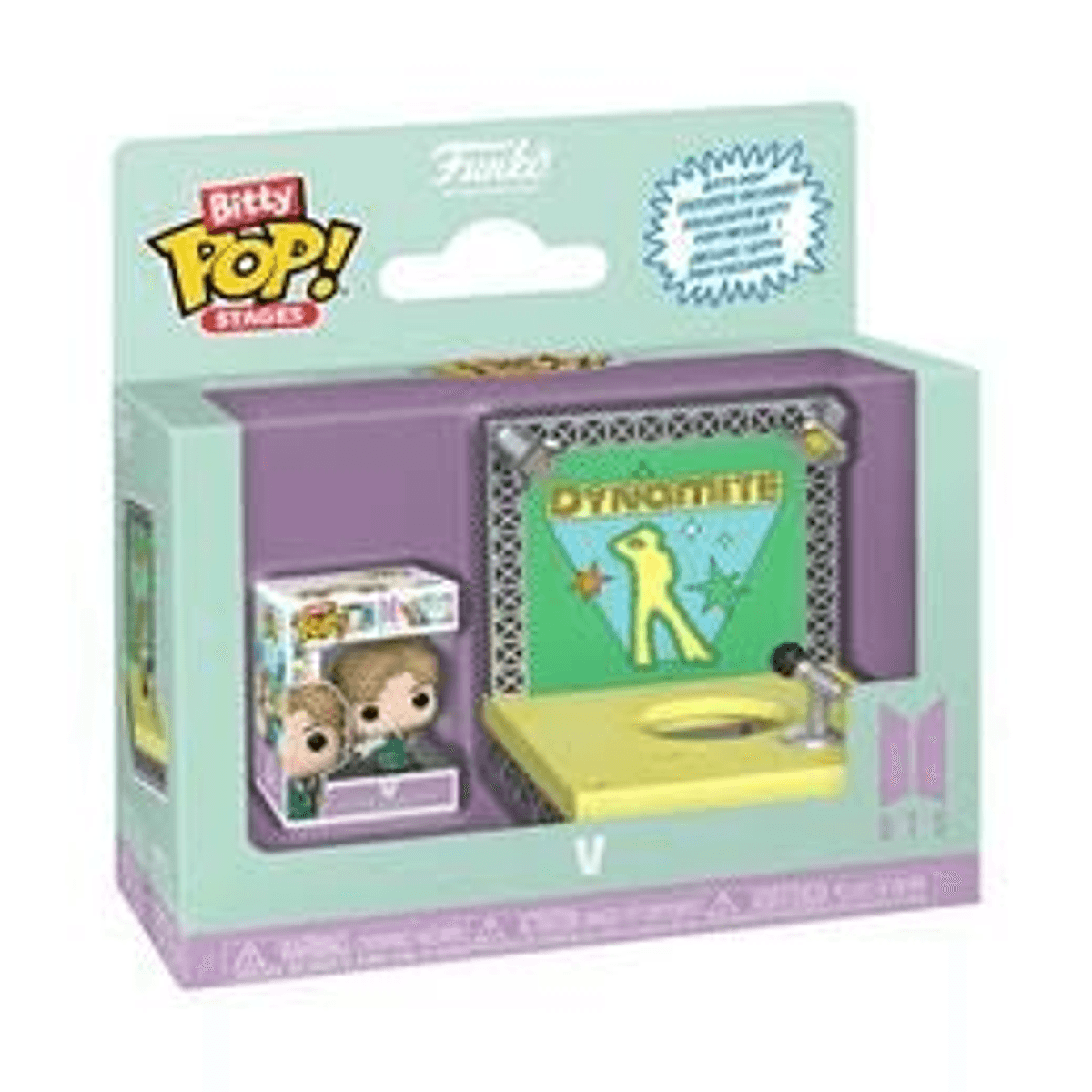 Set BTS Bitty Pop! Stages con figuras y micrófono en un escenario.