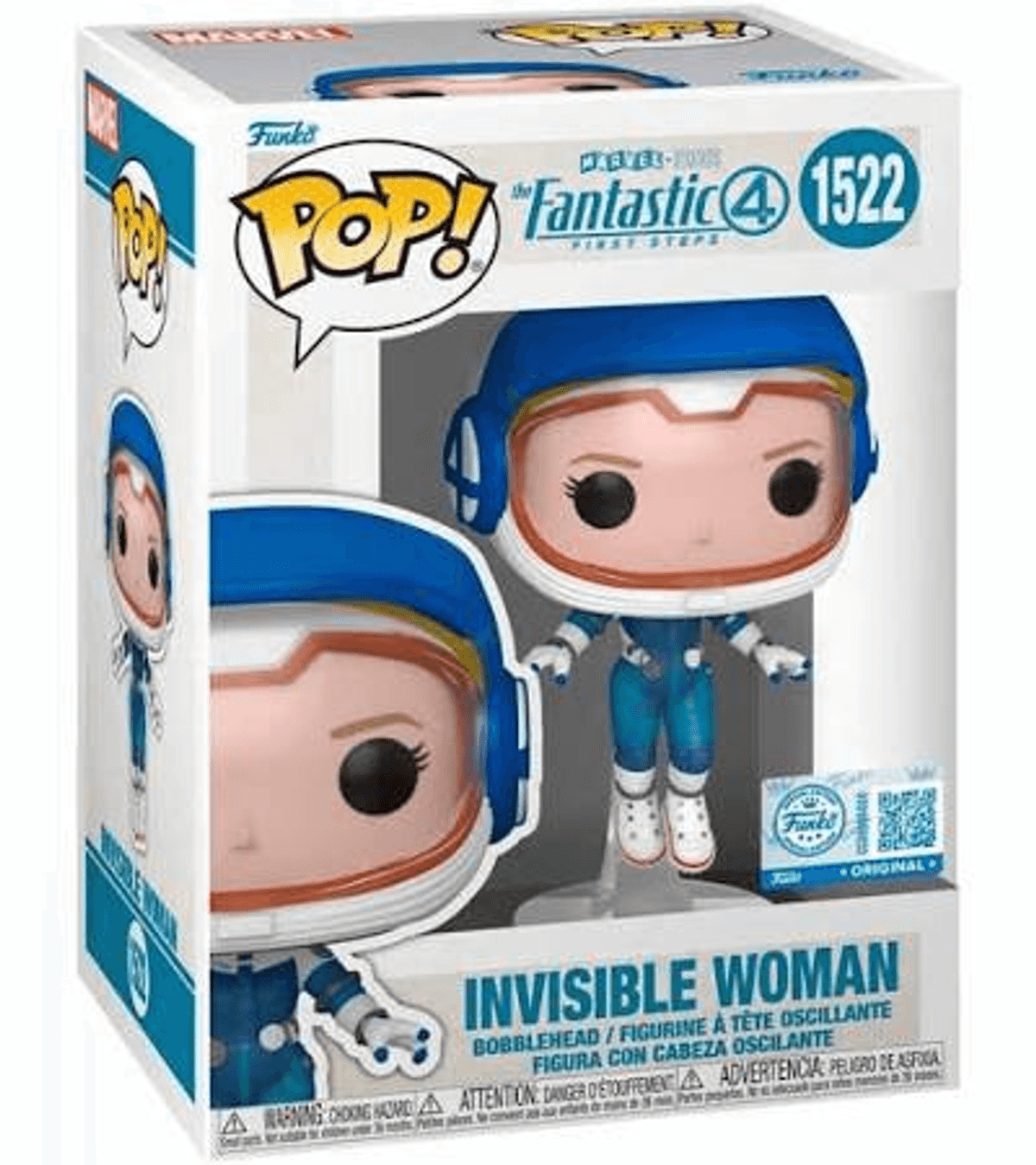 Funko Pop Figur von Invisible Woman, trägt einen blauen Astronautenanzug.