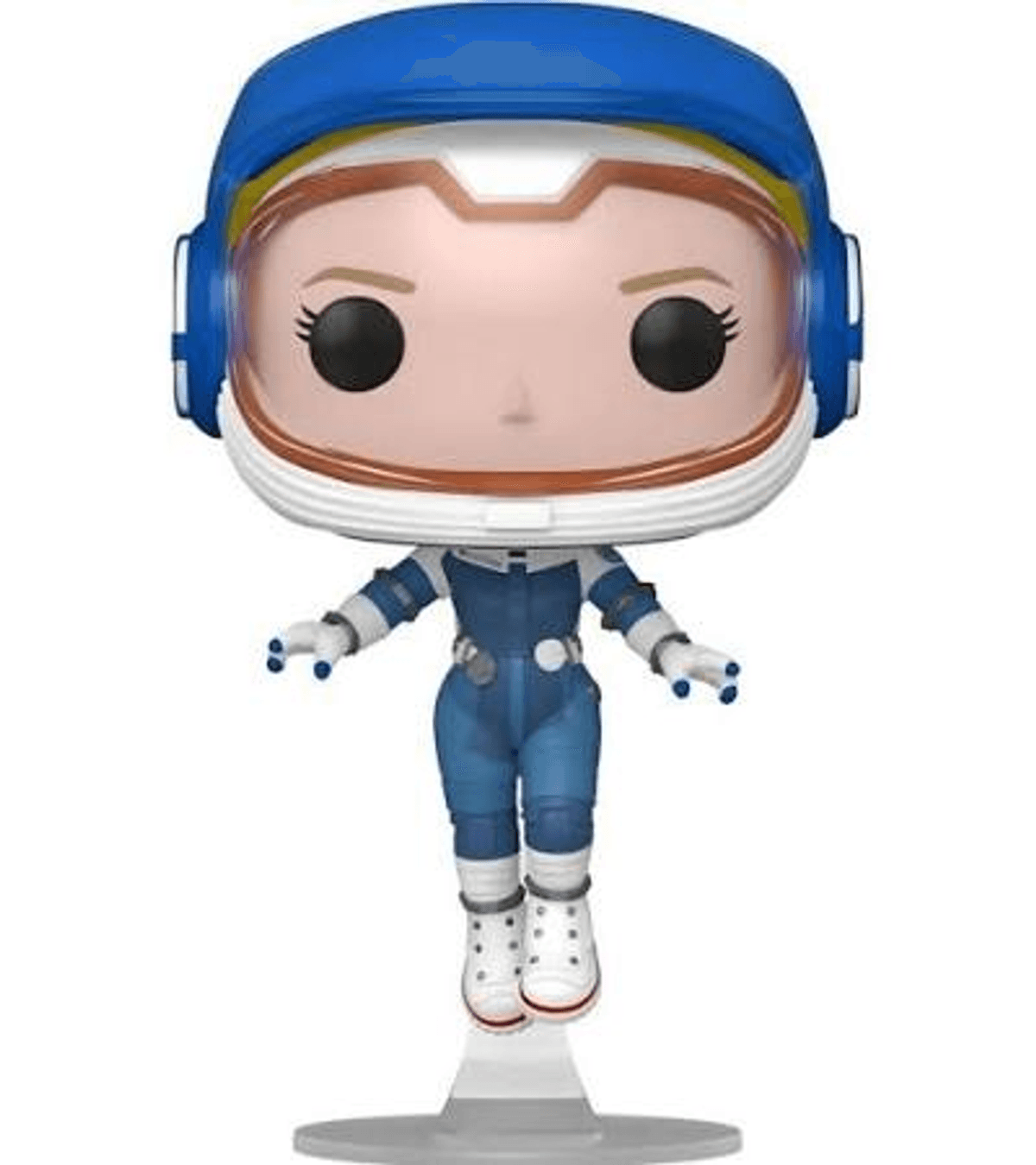 Eine Funko-Pop-Figur eines Astronauten in einem blauen Anzug mit Helm auf einem Ständer.