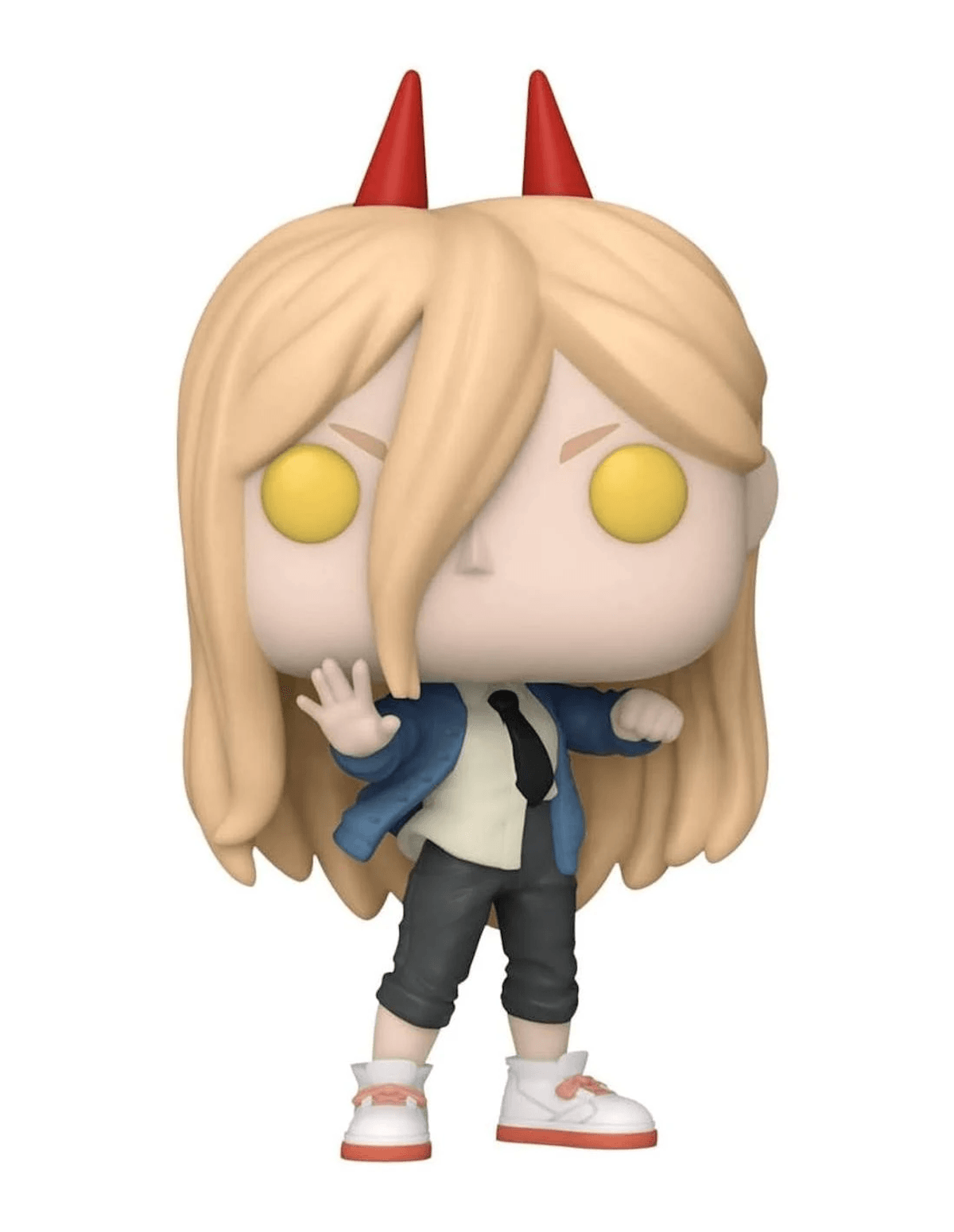 Una figura de vinilo con pelo rubio, cuernos rojos, ojos amarillos y chaqueta azul.