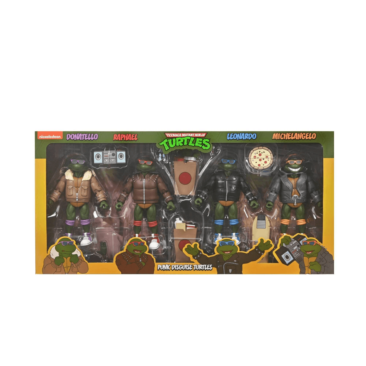 Cuatro figuras de acción de las Tortugas Ninja Adolescentes Mutantes en una caja.