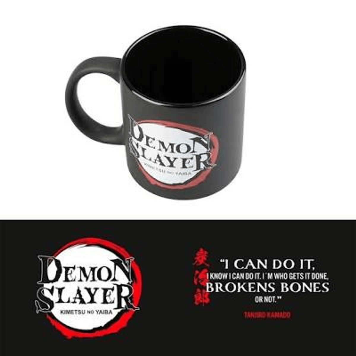 Tasse noire avec le logo "Demon Slayer" et une citation de Tanjiro Kamado.