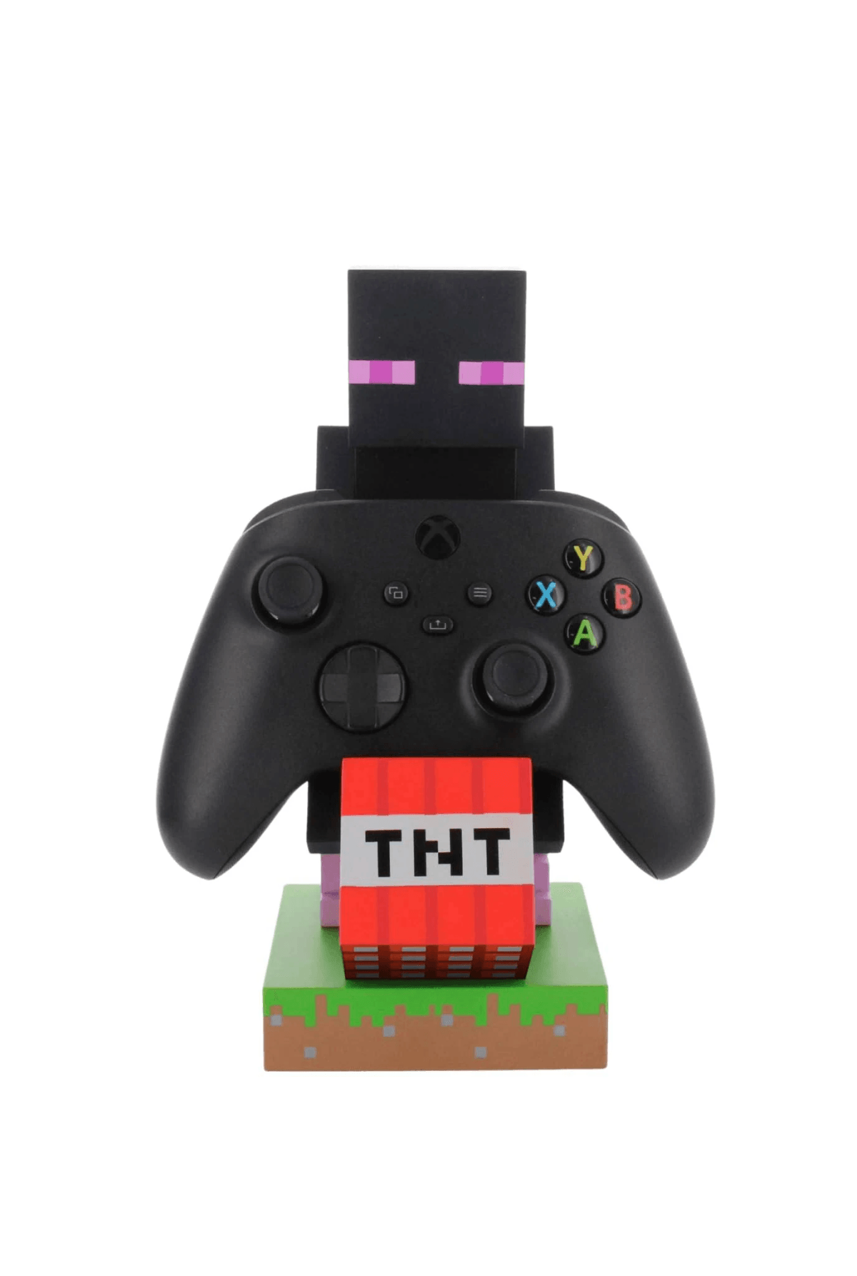 Ein schwarzer Xbox-Controller steht auf einem Minecraft-TNT-Block, der von einer Enderman-Figur gehalten wird.
