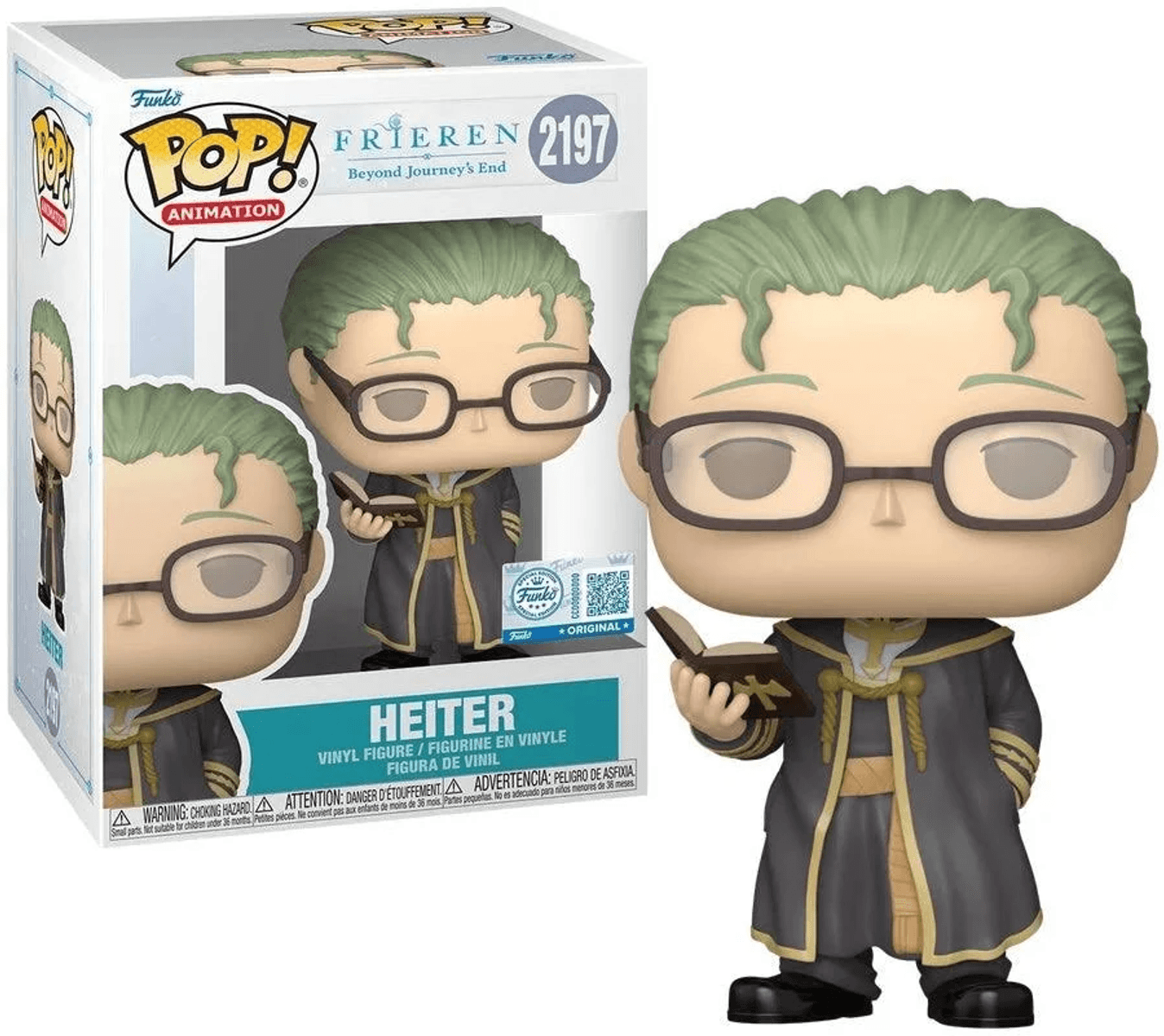 Funko Pop Figur von Heiter aus Frieren, mit Buch, trägt Robe und Brille.