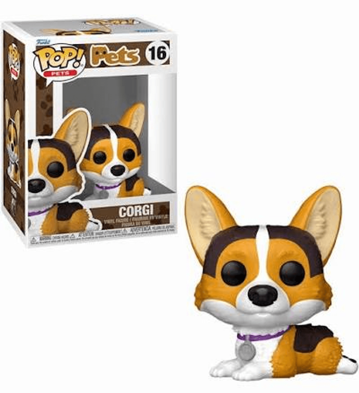 Juguete Funko Pop Corgi en caja y fuera de caja, fondo blanco.