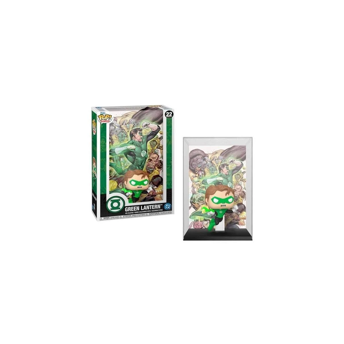 Figura Funko Pop de Green Lantern en caja y vitrina con fondo de cómic.