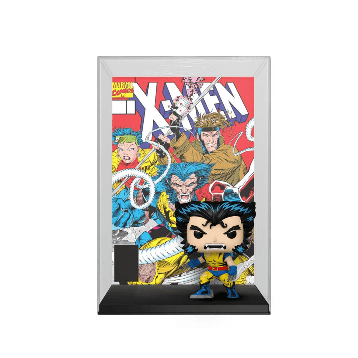 Un Funko Pop de Wolverine frente a una portada de cómic de X-Men con Gambit, Jean Grey y Bestia.