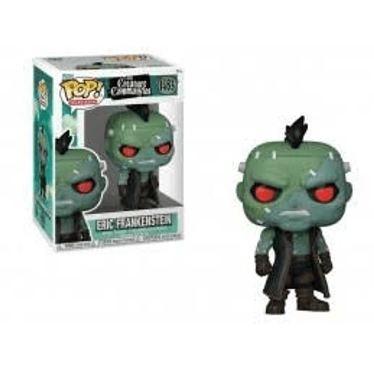 Figura verde con ojos rojos, en caja y de pie a su lado.
