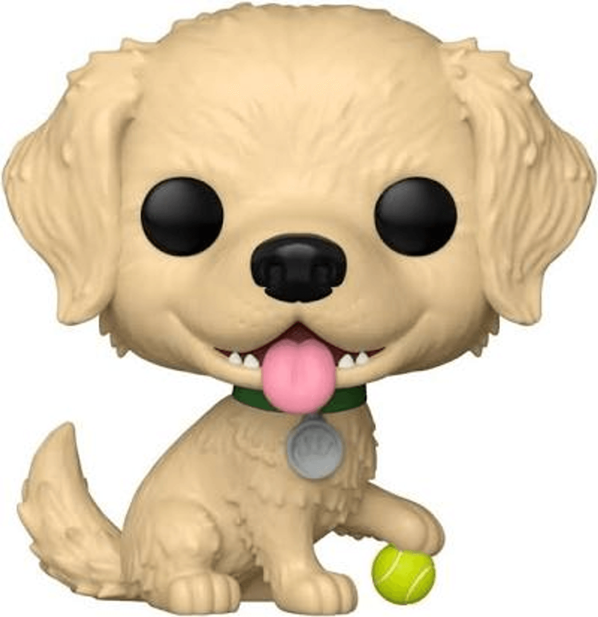 Un perro Funko Pop color crema con collar verde y una pelota de tenis.