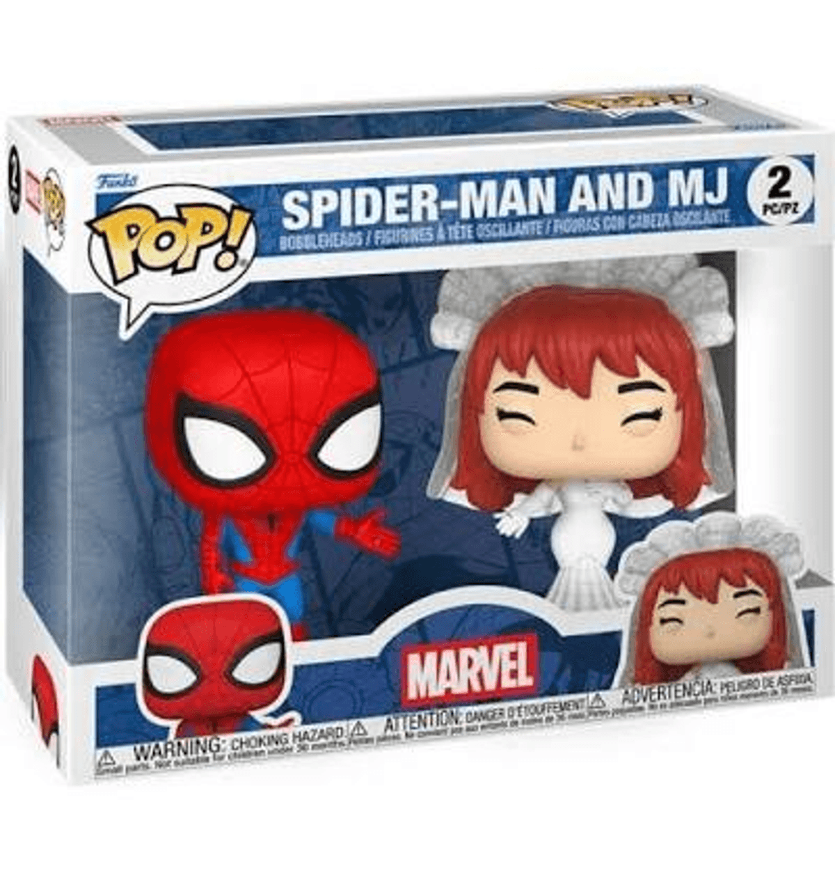 Muñecos Funko Pop! de Spider-Man y MJ en caja con ventana. Spider-Man viste rojo y azul.