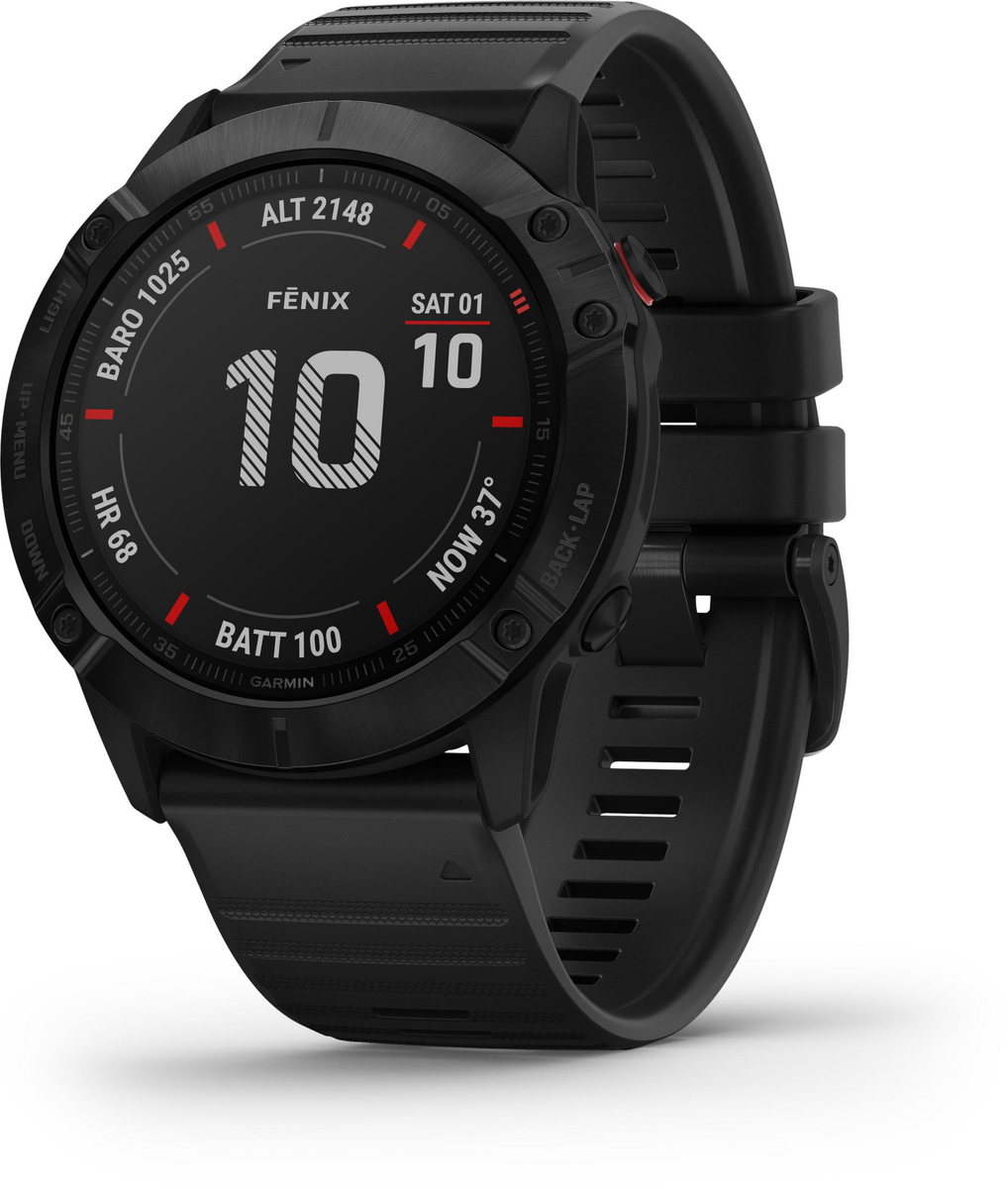 Schwarze Garmin Fenix Uhr mit schwarzem Armband, zeigt 10:10 Uhr, Höhe 2148m, HF 68, Akku 100.