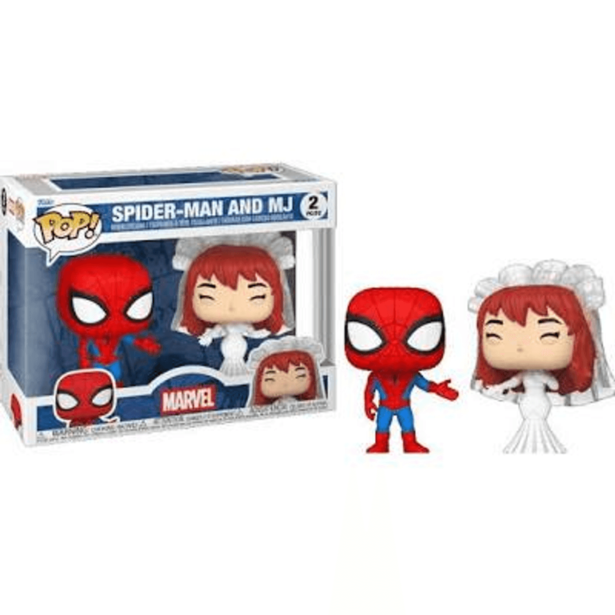 Figuras Funko Pop de Spider-Man y MJ en atuendo de boda, dentro y fuera del empaque.