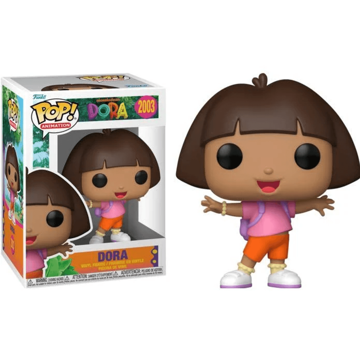 Figura y caja Funko Pop! de Dora la Exploradora. Dora lleva camisa rosa, pantalones cortos naranjas, mochila.