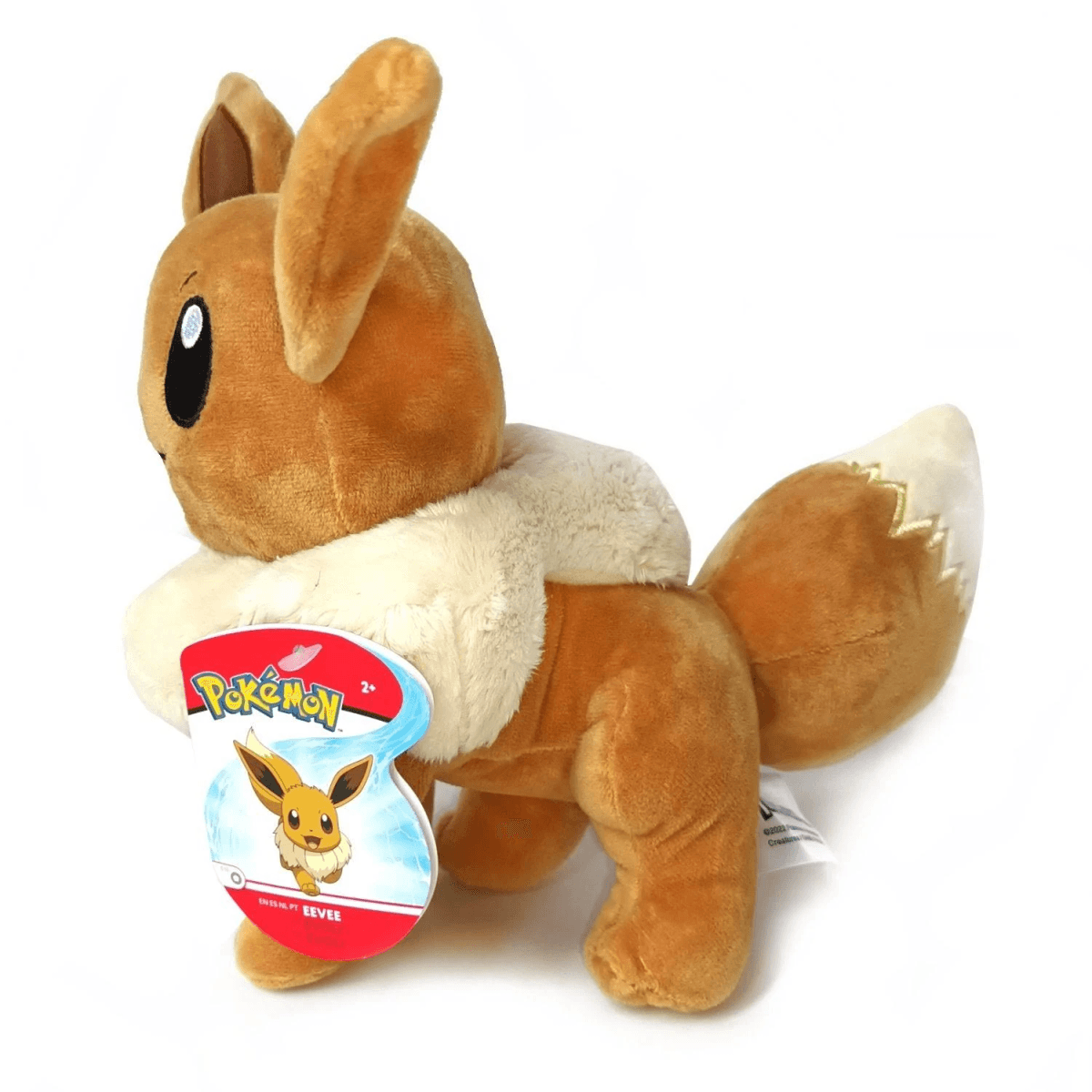 Un peluche marrón de Eevee con cuello y punta de cola blancos.